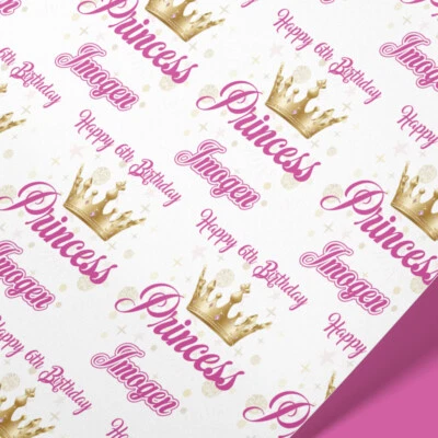 Princess Personalised Wrapping Paper – Gold Crown Custom Name Gift Wrap for Girl - Imagem 1 de 4