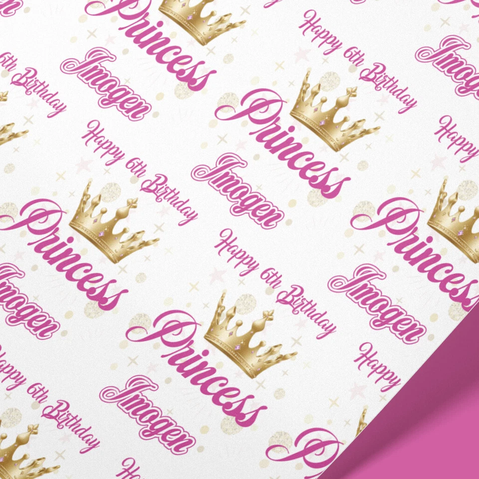 Princess Personalised Wrapping Paper – Gold Crown Custom Name Gift Wrap for Girl - Image 1 of 4