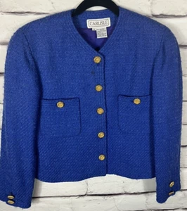 Carlisle Damen Größe 4 Blau Tweed Knopfleiste Blazer Wolle Seide Mischung - Bild 1 von 4