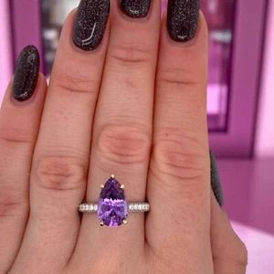 Fine 14k Multi Tone Gold Ring 4.58 Ct Lab Grown Diamond Pear Cut Purple Sapphire - Picture 1 of 10