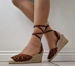 Womens Leopard Espadrille Sandals Ankle Strap Tie Up Wedge Heel Platform Shoes - Picture 1 of 7