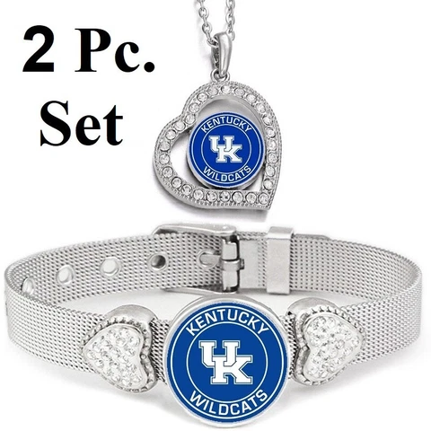 2 PcSet Kentucky Wildcats Womens Sterling Silver Necklace With Bracelet Cover