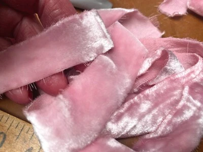 velvet silk trim hand dyed frayed edges ribbon 1x48" made in USA 1pc carnation - Image 1 of 3