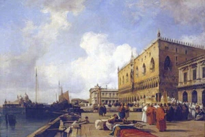 DUCAL PALACE WITH A RELIGIOUS PROCESSION VENICE 1828 PAINTING BY BONINGTON REPRO - Picture 1 of 3