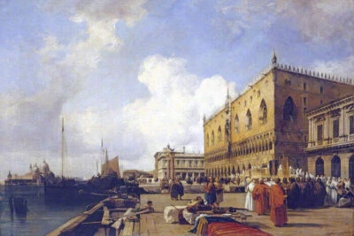 DUCAL PALACE WITH A RELIGIOUS PROCESSION VENICE 1828 PAINTING BY BONINGTON REPRO - Image 1 of 3