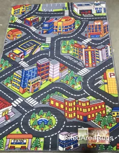 5x7 Area Rug Play Road Driving Time Street Car Kids City Map Parking New Gray - Picture 1 of 1