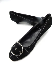MIU MIU Black Suede Decorative Stitched Silver Buckle Low Heel Pumps Size EU 40 - Picture 1 of 13