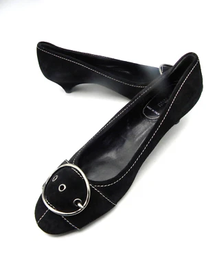 MIU MIU Black Suede Decorative Stitched Silver Buckle Low Heel Pumps Size EU 40 - Image 1 of 4