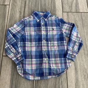 Ralph Lauren Shirt Kids Boys 4 4T  Blue Check Polo Button Down Long Sleeve - Picture 1 of 6