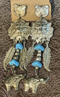 Weird Cute Dangly Earrings Silver Plated with Faux Blue Turquoise - Image 1 of 4