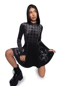 BlackMilk Baphomet Hooded Velvet LS Evil Mini Skater Dress Size Small S NEW - Picture 1 of 10