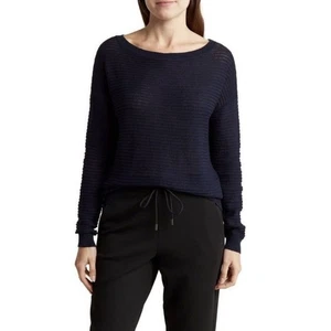 Theory Sweater Womens P XS Navy Blue Ribbed Oversized Cotton Open Knit Crewneck - Picture 1 of 10