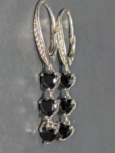 BBJ 925 Sterling Silver Black Hematite Hearts CZ Dangle Earrings Lever Back - Picture 1 of 21