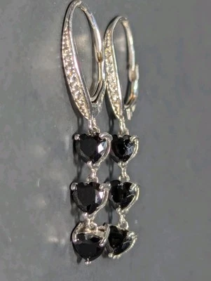 BBJ 925 Sterling Silver Black Hematite Hearts CZ Dangle Earrings Lever Back - Image 1 of 4