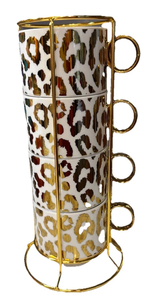 Juego de 4 tazas Grace Teaware con estampado de guepardo blanco con oro con soporte. Nuevo Foto 1 de 1