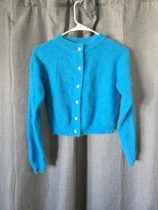 Brass Plum Nordstrom Angora Rabbits Hair Cropped Turquoise Cardigan Sz S Pearls - Picture 1 of 4