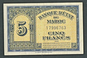 🔴MOROCCO   5 Francs 1-8-1943 VF+   World War II     FIRST ISSUE🔴 - Picture 1 of 2