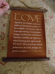 Vtg Love is Patient Flocked Vinyl Wooden Leather Hanging Scroll Sign Corinthians - Picture 1 of 5