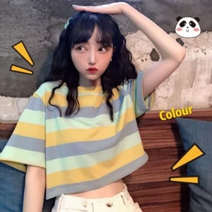 Crewneck Summer Tops Loose Fit Crop Top Fashion Rainbow Striped T Shirts Women - Picture 1 of 11