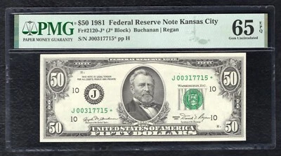 FR. 2120-J* 1981 $50 *STAR* FRN KANSAS CITY, MO PMG GEM UNCIRCULATED-65EPQ (E) - Image 1 of 2