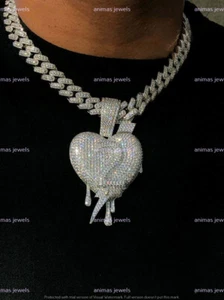 5 Ct Moissanite Pave Miami Drip Heart Choker Men's Pendant 925 Sterling Silver - Picture 1 of 5