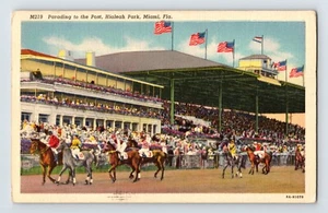 Postcard Horse Racing Hialeah Park Parade Miami Florida 1940s Unposted Linen - Picture 1 of 2