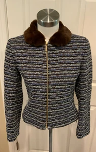 Giacca Carolina Herrera New York blu tweed zip collo pelliccia rimovibile, taglia 4 - Foto 1 di 6