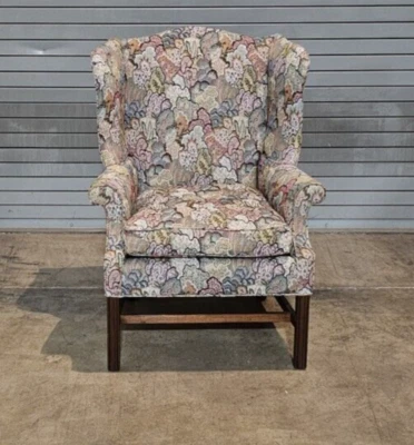 Baker Mahogany Chippendale Style Wing Chair Floral Needlepoint Fabric - Image 1 of 4