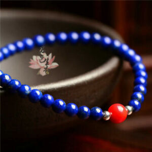 Natural 6mm Blue Lapis Lazuli & 8mm Red Coral Round Gems Beads Bracelet 7.5''