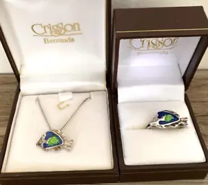 Crisson Bermuda Sterling & Enamel Fish Necklace & Ring Set w/Box - Picture 1 of 9