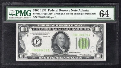 FR. 2152-Flgs 1934 $100 LIGHT GREEN SEAL FRN ATLANTA, GA PMG UNCIRCULATED-64 - Image 1 of 2
