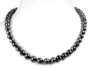 Certified 8mm Natural Black Diamond Necklace Faceted Beads 925 Silver 18 Inch - Picture 1 of 5
