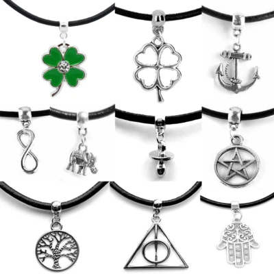 Collana nera con ciondolo Portafortuna Argento in corda tipo caucciu Uomo Donna - Immagine 1 di 4