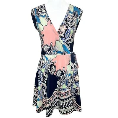 Yumi Kim Size XS Soho Mixer Silk Dress Borderline Blue Multi Print Wrap Dress - Image 1 of 4