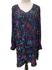 Jessica London Split Front Tunic SZ 24W Purples Fuchsia Blues Black Long Sleeve - Picture 1 of 18