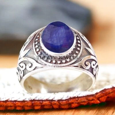 Piedra preciosa de zafiro azul de corte ovalado con anillo de plata de ley 925 para hombre #A253 Foto 1 de 4