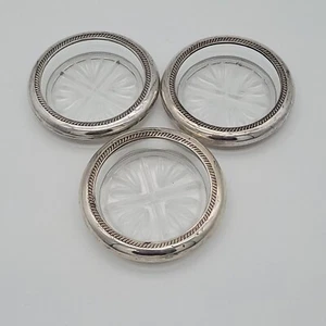 Set of 3 Vintage F.B. Rogers Silver Co Sterling Silver and Glass Coasters, Dents - Picture 1 of 6