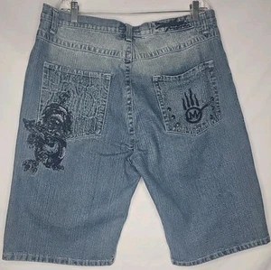 Pantaloncini jeans vintage Miskeen graffiti taglia 38 ricamati borchie New York hiphop anni 90 - Foto 1 di 6