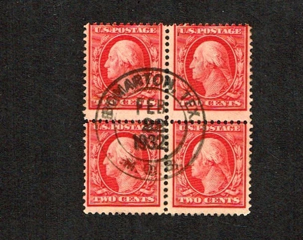 1908-11 U.S.CLASSIC 2c Carm WASHINGTON p.12 Blk of 4 Type 139 Used Fancy Cancel - Image 1 of 1
