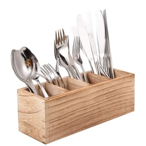 Wood Cutlery Caddy, Kitchen Utensil Organizer with 4 Compartments, Silverware... - Picture 1 of 7