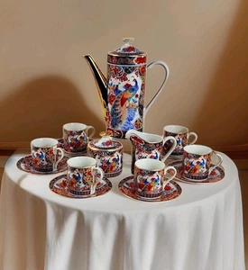 Vintage Imari Style Porcelain Demitasse Coffee Set 17 Pc Made in Japan Peacock - Picture 1 of 21