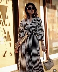 Zara Women's Striped Linen Blend MIDI Dress Blue White Size XL Ref 3667/667 - Picture 1 of 8