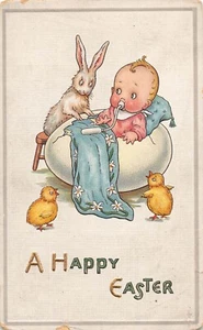 Anthropomorphic Easter Rabbit Caring for Baby in Egg Shell Crib Germany - Picture 1 of 2