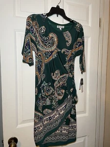 Robbie Bee Womans Wrap Dress Small Petite Green Paisley Textured 3/4 Sleeves NWT - Picture 1 of 6