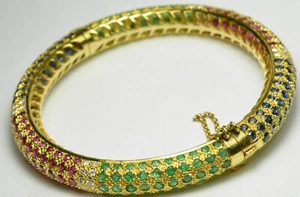 10Ct Round Simulated Emerald, Sapphire, Ruby Yellow Gold Plated Bangle Bracelet - Picture 1 of 6