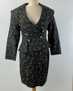 1980er Jahre Magali Collection schwarzer Denim-Anzug 2-teilig Schößchenrock Schal Kragen Karriere - Bild 1 von 12