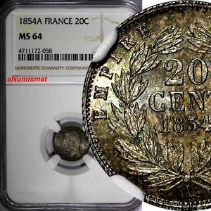 FRANCE Napoleon III Silver 1854 A 20 Centimes NGC MS64 Toning KM# 778.1 (058) - Picture 1 of 4