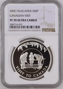 (Top Graded Pop = 1) NGC PF70  2002 Falkland Islands Silver Canadian Visit 50P - Picture 1 of 4