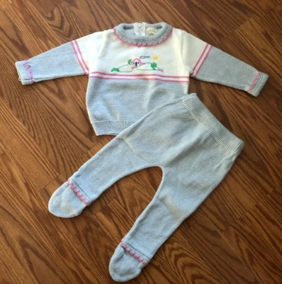 Bebé Niñas Vintage Gris y Rosa Ribete Tejido 2 piezas. suéter con patas conjunto talla 6-9 meses Foto 1 de 4