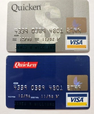 Lote de (2) tarjetas de crédito Visa Quicken fechas de vencimiento 1998 y 2002 financieras Foto 1 de 2